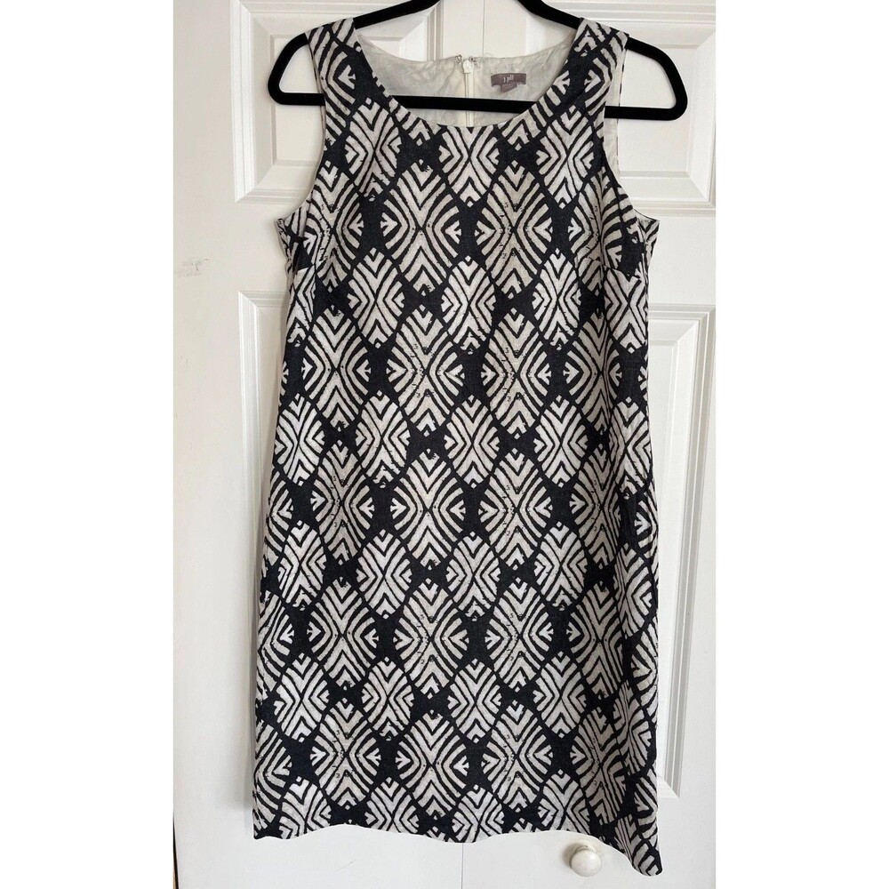 J Jill Dress Womens Size 4 Black White Linen Tropical Beach Resort Casual Basic